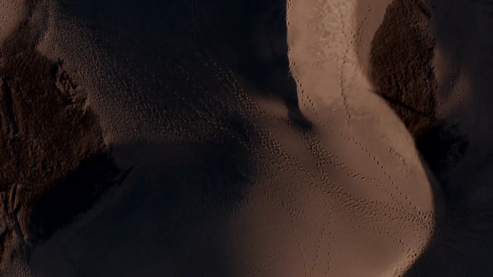 Aerial view of desert sand dunes with footprint trails, symbolising a pilgrim's journey